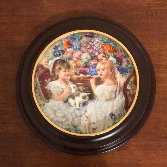 The Tea Party by Sandra Kuch collectible plate with wood frame - Picture 1 of 4